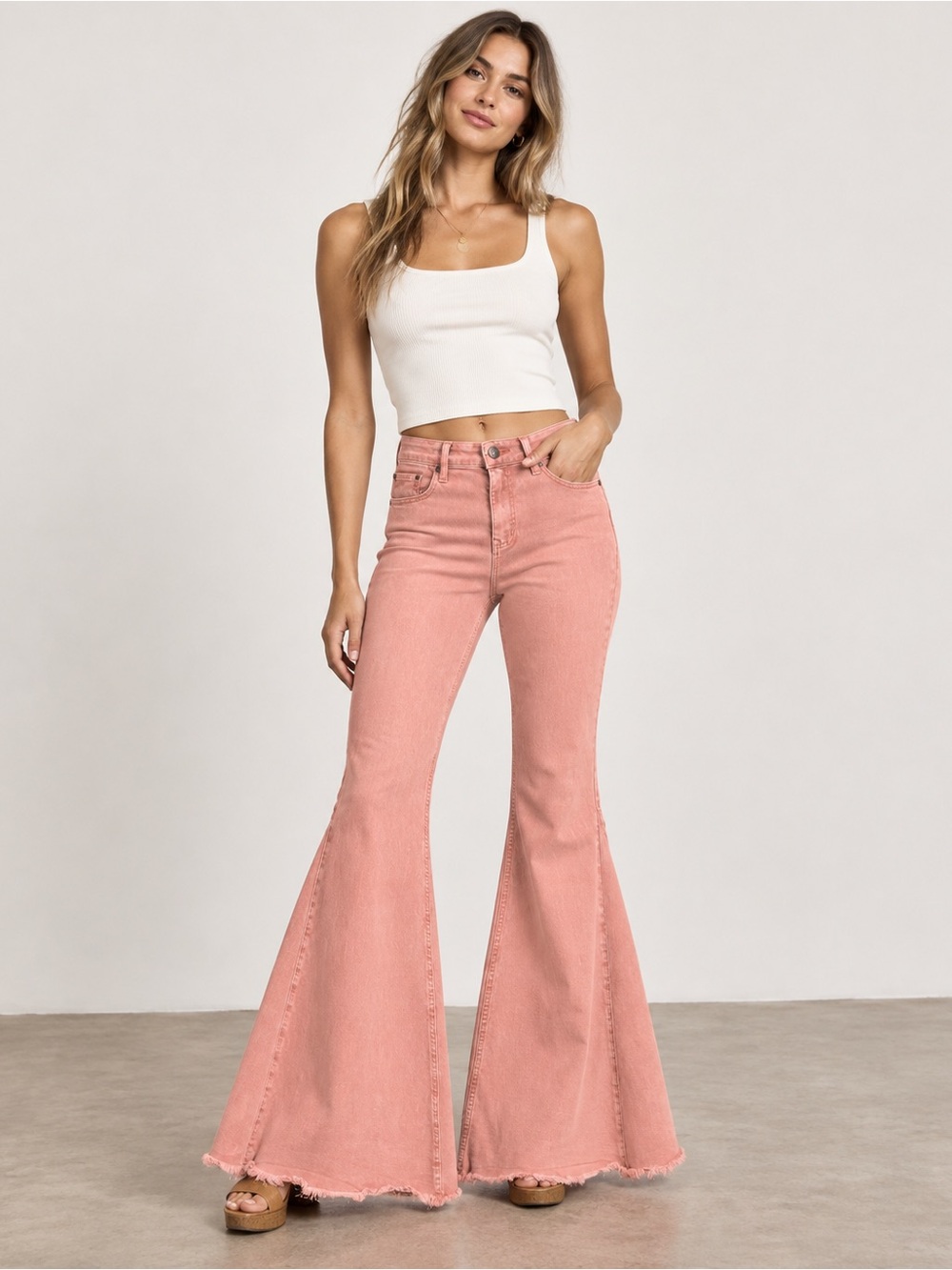 Shyanne Size 34 Dusty Coral Super Flare Bell Bottom Jeans Western Raw Hem